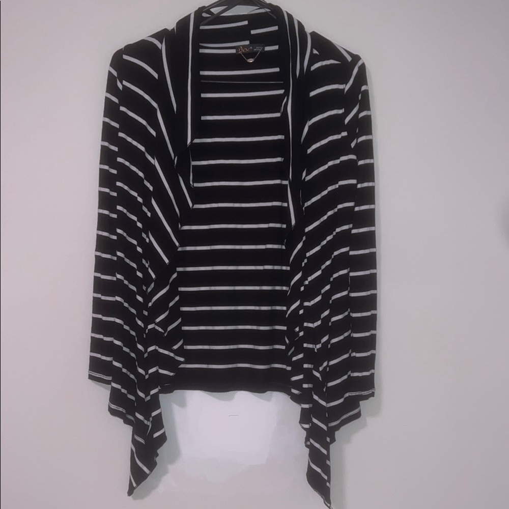 Dex Black and White Cardigan Sweater with Shawl Collar and Waterfall Hem